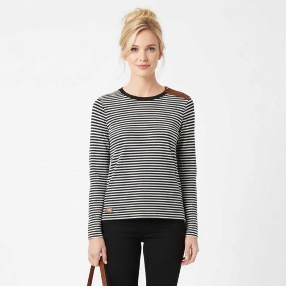 Lauren RL Black & White Striped Leather Elbow Patch Long Sleeve Tee L